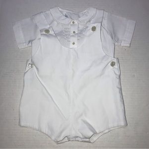 Feltman Brothers 2 Pc All White SHORTALLS Romper John John Suit Sz 3 Mo Measured